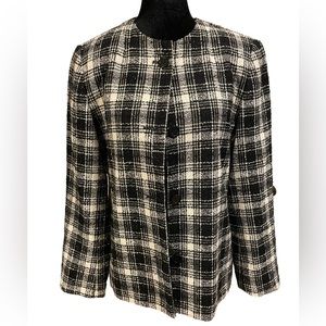 Preston & York Black White Sparkly Wool Tweed Plaid Long Sleeve Button Up Coat